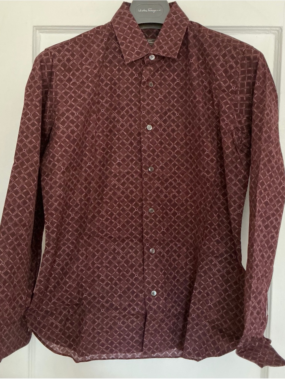 Salvatore Ferragamo Men's Maroon Patterned Dress Shirt
